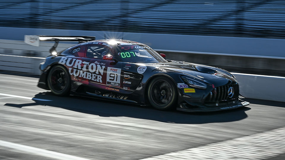 A car races at the Indianapolis 8 Hour