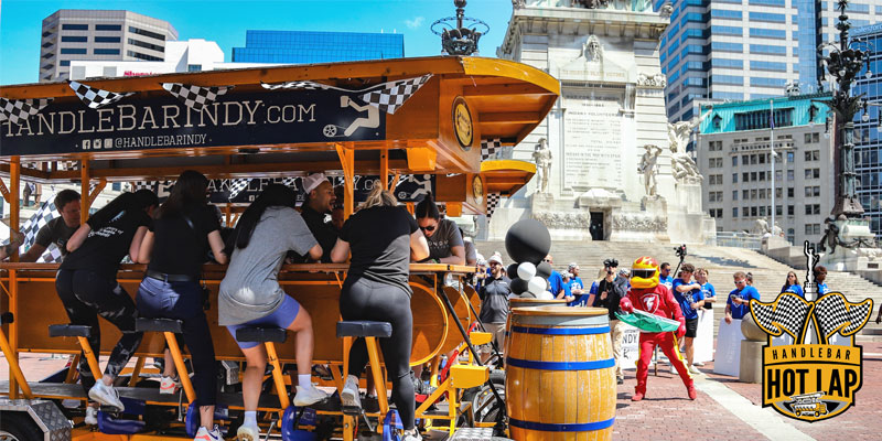 A view of the Handlebar Hot Laps vehicle on the circle in downtown Indianapolis